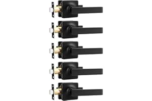 Mengico 5 Pack Passage Door Levers Black Finish, No-Locking Keyless Square Door Knob, Interior Door Handles for Closet and Ha