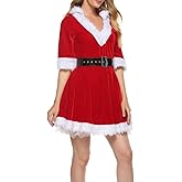 Women's Christmas Mini Dress Plush Sashes Decorated V-neck Short Sleeve Hooded Dress Sexy Santa Costumes Fancy Dress