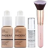 PHOERA 30ml Foundation Liquid Full Coverage 24HR Matte Oil Control Concealer (Nude & Buff Beige) with 6ml Makeup Face Primer 