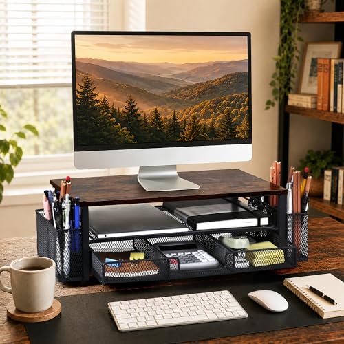 Computer Monitor Stand Riser with Storage, 2-Tier Wooden Desk Organiser and Accessories with Drawer & 2 Pen Holders, Ergonomic Desktop Stand for Printer, iMac & Office Desk Accessories, Brown