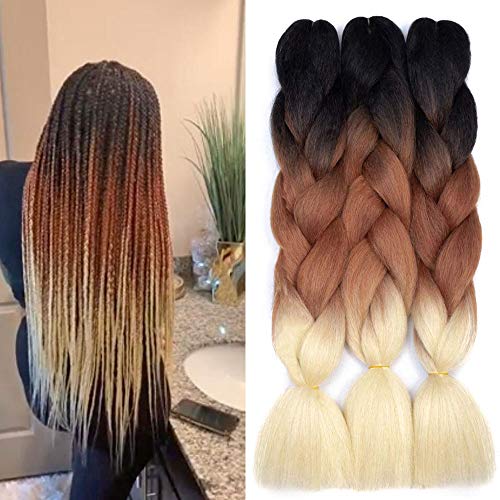 Ombre Kanekalon Braiding Hair 3 Pack Ombre Jumbo Braiding Hair Extensions 24 Inch Jumbo Braid Synthetic Hair for Braiding (3 pack, Black-Brown-Blonde)
