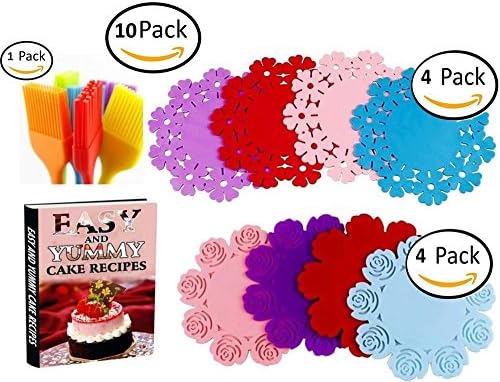Premium Silicone Coasters for Drinks - Set of 8 Flower Drink Coasters and Multipurpose Table Mats Set + Pastry brush - Amazing Kitchen Gift Set + Free Ebook: Easy and Yummy Cake Recipes