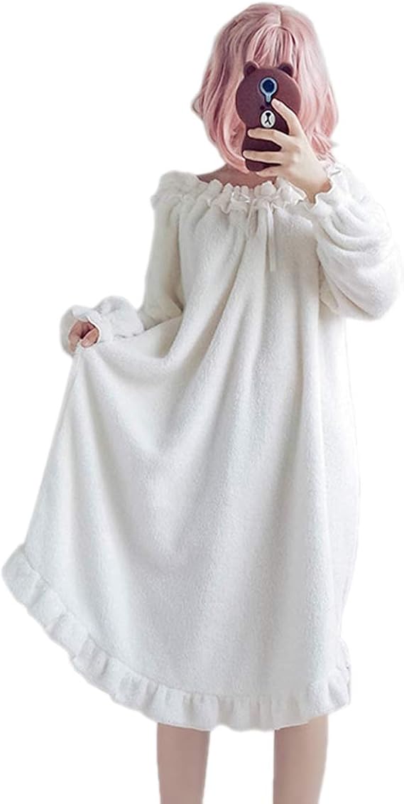 Himifashion Ladies Nightdress Kawaii Plush Warm Nightgown Women Autumn