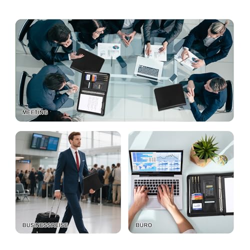 Leathario A4 Conference Folder, Writing Case with Ring Binder, Zip, Ring Binder Portfolio, Document Folder, Writing Pad, Black