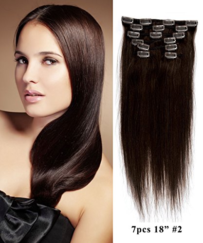 Mike & Mary Clip in 18" 7pcs STW Straight Clip in Hair Extensions 70grm 7pcs Set with 16 Clips 100% Remy Human Hair (Darkest Brown #2)