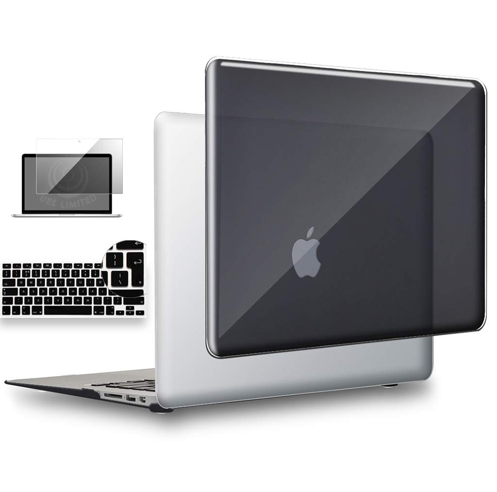 UESWILL 3in1 Glossy Crystal Clear Hard Shell Case Cover Compatible with 2010-2017 MacBook Air 13 inch Model A1466 A1369 + EU/UK Version Keyboard Cover and Screen Protector, Black