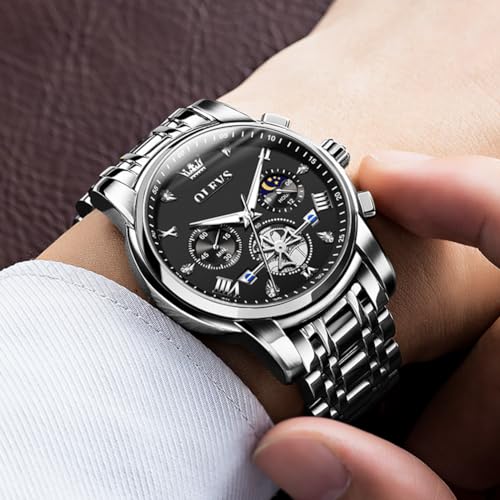 OLEVS Men Silver Watches,Men's Stainless Steel Chronograph Watch,Man Analog Quartz Big Face Male Watches Luxury Waterproof Roman Numeral Dress Diamond Relojes para Hombre