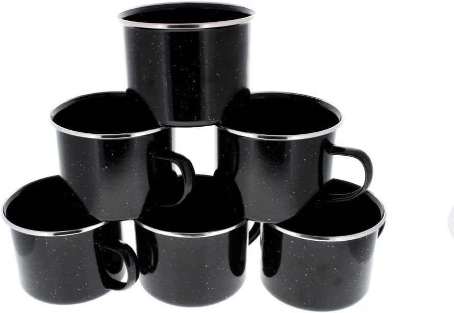 Enamel Campfire Coffee Mug Set (6 Pack) Ceramic Cups with Black Speckled Finish and Silver Metal Rim - Cabin Coffee Drinkware Set - Durable and Stainless Enamelware Dishes Ideal Camping Gift (16 oz)