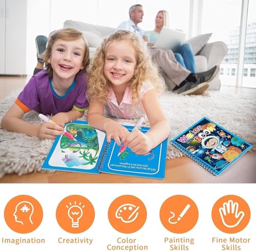 DMG 4 Pack Cartoon Water Coloring Magic Book With Water Pen, Toddlers Kids Reusable Painting Unicorn Animal Cartoon Coloring Book Boys Girls Educational Learning Toys Gifts