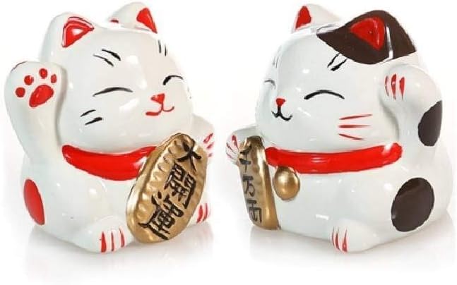 lachineuse, 2 Maneki Neko Cats, Japanese Lucky Cat Figurines, Kawaii Deco Objects, Porcelain Lucky Cat 9.5cm, Cute Asian Cat