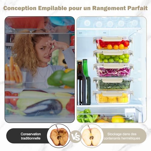 Boite Alimentaire Verre avec Couvercle Hermétique - Lot de 10 Lunch Box Verre Réutilisables, Sans BPA, Compatibles Micro-ondes, Four, Lave-vaisselle, Congélateur, Blanc