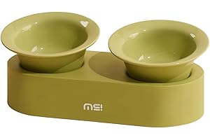 MS!MAKE SURE Raised Cat Bowls Set - Ceramic Dishes with Non-Slip Stand, 9° Tilted, Lead & Cadmium Free, for Small Dogs and Cats, 6.5" Wide - 2 x 320ML (10.8 oz), Green