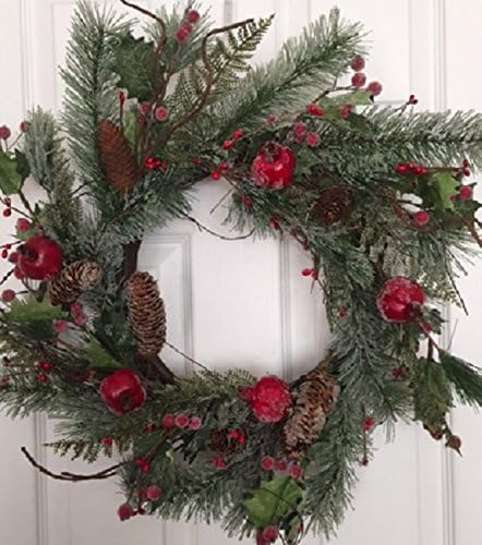 Adirondack Crabapple Winter Wreath 22 Inches Handcrafted with Bright Red Apples Artificial Greens and Pine Cones Hang On The Front Door for The Winter Holiday Season