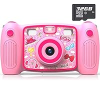 AKAMATE Kids Selfie Camera, 1080P 12MP Kids Digital Camera with 32GB SD Card Children Video Camera Camcorder Toys Gifts for 4-10 Year Old Boys Girls, Build-in 5 Games, Voice Recorder (Pink)