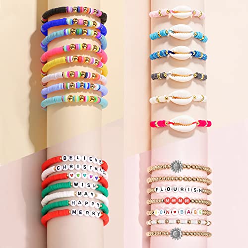 7100 Clay Beads for Jewelry Bracelet Making Kit, 24 Colors Flat Polymer Heishi Beads with Letter Beads, Gold Beads, Pendant Charms and Elastic Strings, Gift for Girls Age 6-12