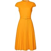 Hobemty Women's Pleated Dress Mock Neck Cap Sleeve Belted A-Line Dresses