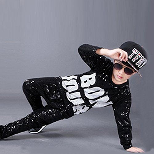 DREAMOWL Girls Boys Sequin Hip Hop Dance Costumes Ballroom Modern Jazz Clothing Top Pants (Black, 10-12)