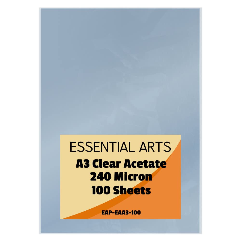 Essential Arts A3 Clear Acetate 240 Micron Pack of 100 Sheets. Extra Thick PVC Binding Cover Ideal for Etching, Craft, Stencils Picture Frames and Gifts - 297x420mm