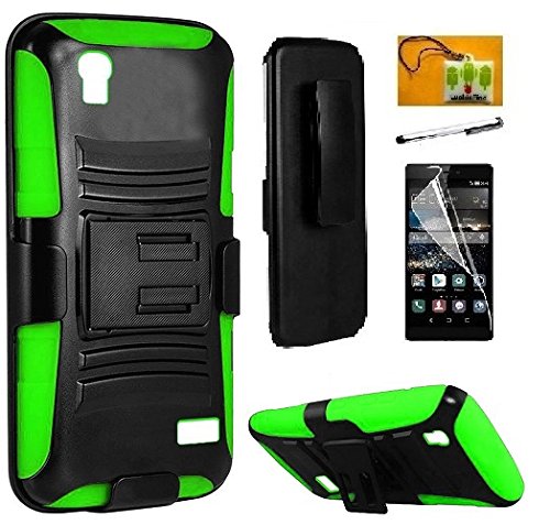 Huawei Pronto LTE H891L / G620 Case, Huawei Vision 3 LTE Case, Luckiefind Hybrid Armor Stand Case with Holster and Locking Belt Clip, Stylus Pen, Screen Protector (Holster Green)
