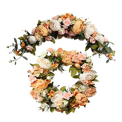 HiiARug Wedding Home Holiday Decoration Wreath and Swag Set, Vintage Artificial Peony Silk Flower Wreath Door Decorations Orange (16" Wreath+ 26" Garland)