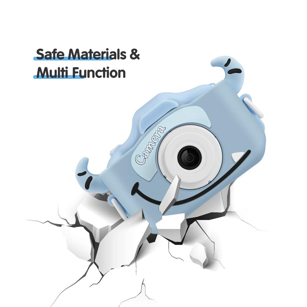 Enow Kids Camera, 16MP 1080P HD Child Digital Video Rechargeable Cameras Toys with Soft Silicone Shockproof Shell for Age 3-14 Boys Girls Outdoor Play, Mini Cartoon Blue (32GB Memory Card Included)