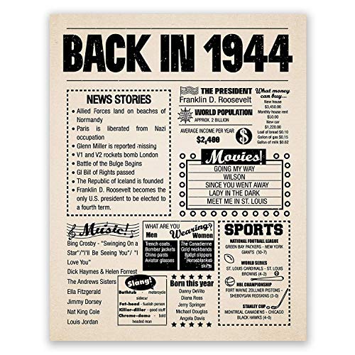 8x10 1944 Birthday Gift // Back in 1944 Newspaper Poster // 76th Birthday Gift // 76th Party Decoration // 76th Birthday Sign // Born in 1944 Print