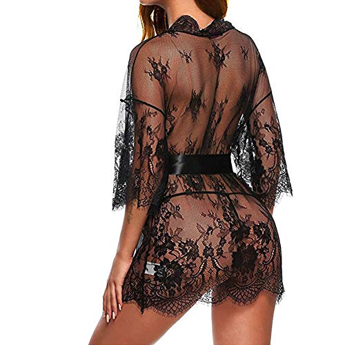 RUIXUE Women's Lace Kimono Robe Babydoll Lingerie Mesh Nightgown (X-Large, Black)