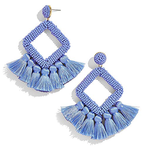 Light Blue Beaded Tassel Earrings, Statement Laniyah Fringe Drop Earrings for Womens Gift For Her, Mom, Sister and Friend - Thumbnail 7
