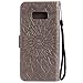 A-slim Galaxy S8 Wallet Case, Totem Sun Floral Flower Pattern Embossed PU Leather Magnetic Flip Cover Card Holders & Hand Strap Wallet Purse Case for Samsung Galaxy S8 - Gray