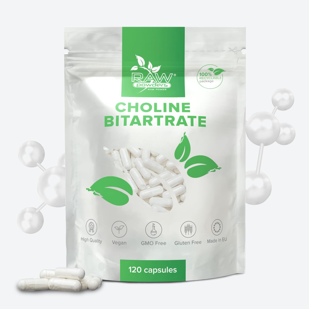 Choline Bitartrate 700 mg – 120 Capsules – High Strength Choline Supplement for Memory, Focus & Brain Health – Non-GMO, Gluten-Free – Made in EU – Raw Powders