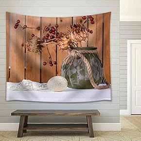 Easter Rude Still Life with Egg and Vase of Dry Artichoke, on The Table with White Tablecloth. - Fabric Wall Tapestry Home Decor - 51x60 inches