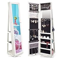 TWING Jewelry Organizer Jewelry Cabinet 360 Rotating, Lockable Standing Wall Jewelry Armoire with Full Length Mirror Large Jewelry Armoire Cabinet(White with Wood Grain)