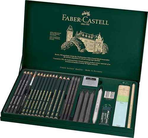 FABER-CASTELL 112974 - Pitt Graphite Set Set di disegni 26 pezzi, set professionale di matite e grafite con Castell 9000, grafite acquerellabile, gessetti e accessori