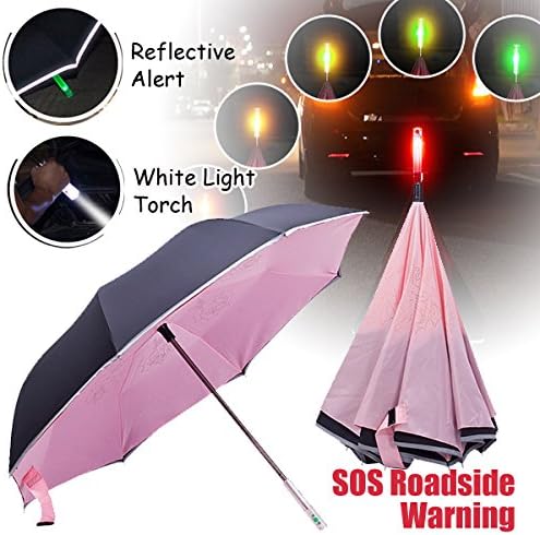 NEWBRELLAs Deluxe Reverse Umbrella Inverted with Roadside SOS Flashing Emergency Warning Light &amp; LED Flashlight Handle - Vehicle Reflective Safety Car Golf Umbrellas (Pink)
