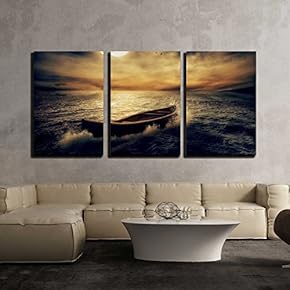 3 Piece Canvas Wall Art - Boat Drifting Away from Past in Middle of Ocean - Modern Home Art Stretched and Framed Ready to Hang - 16"x24"x3 Panels