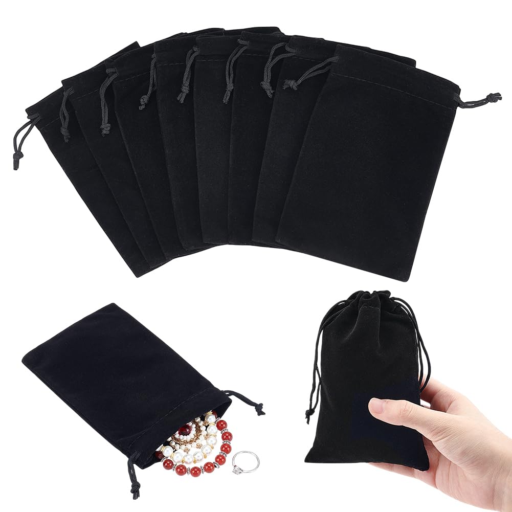 NBEADS 20 Pcs Velvet Drawstring Bags, 15x10cm Rectangle Necklace Earrings Jewelry Pouches Candy Sack Gift Storage Bags for Party Wedding Christmas Favors, Black