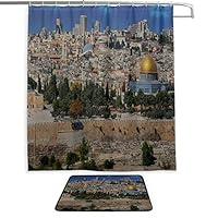 RH Studio Shower Curtain Set of 2 Jerusalem Israel Old Town Mat Set Waterproof Fabric Bathroom Curtain and Rug Set with Hooks