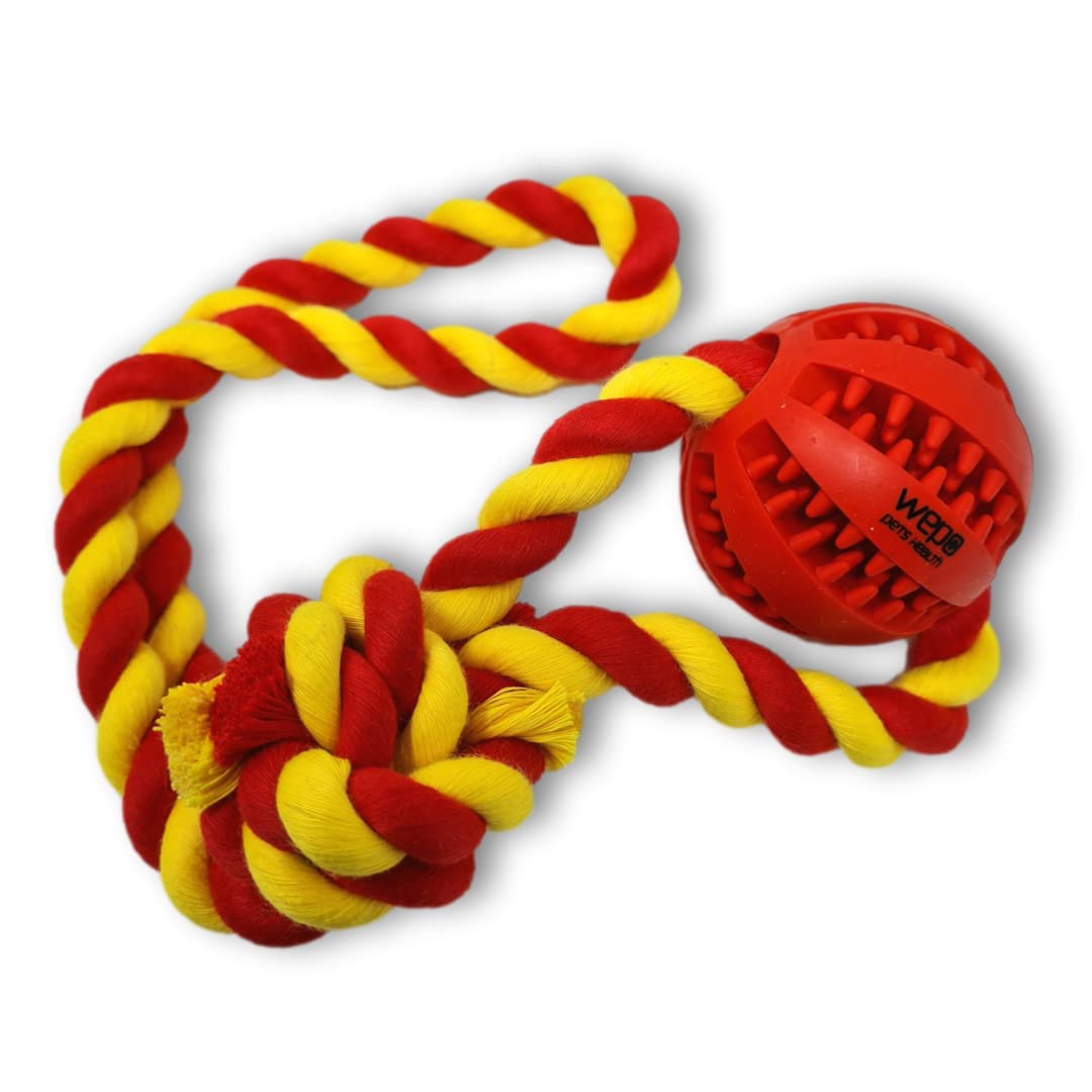 WEPO Throwing Ball for Dogs - Interactive Dog Toy - Diameter 5 cm - Small Dog Toy - Chew Toy Dog - Ball with Rope for Dogs Made of Natural Rubber with Dental Care Function - For Tearing and Tugging