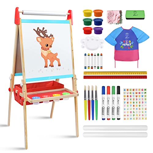 Joyooss Deluxe Easel for Kids with 2 Paper Rolls, 6 Finger Paints & Painting Supplies Accessories, Magnetic Double Sides Kids Easel, Height Adjustable Children Chalkboard & Whiteboard for Boys Girls