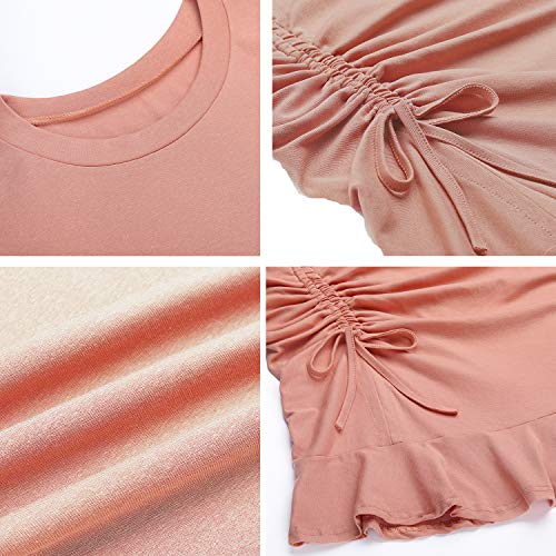 Zaprada Casual Pink Bodycon T Shirt Dresses for Women Summer Crew Neck Side Drawstring Ruched Ruffle Mini Dress