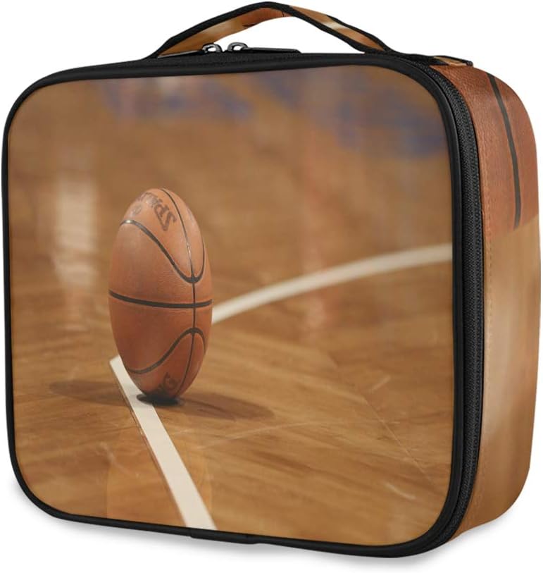 Makeup Bag Train Cases Basketball Court Summer Professional Travel Cosmetic Case with Removable Dividers & Brush Section for Women