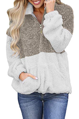 OLIVE TREEÂ Women Long Sleeve Sherpa PulloverÂ Zippered Soft Tops Coat Fleece with Pocket