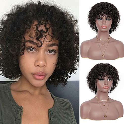 Brinbea 8″ Human Hair Short Curls Wavy Wigs with Hair Bangs for Black Women Black Curly Afro Wave Kinky Curl Brazilian Remy Real Hair Replacement Full Wig Brinbea 8″ Human Hair Short Curls Wavy Wigs with Hair Bangs for Black Women Black Curly Afro Wave Kinky Curl Brazilian Remy Real Hair Replacement Full Wig