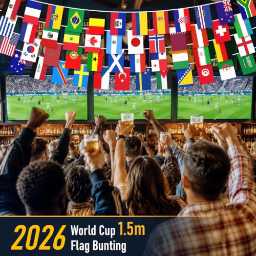 Coicok drapeau coupe du monde 2026, 15m banderole deco coupe du monde 2026, 48 Drapeaux de équipes qualifiées guirlande pour Football Fans Bar Jardin Clubs Sportifs Événements Décorations(14 * 21CM)