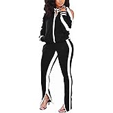 Bornpom Women 2 Piece Outfits Striped Patchwork Color Block Jackets Bodycon Side Slit Long Pants Tracksuit Sets