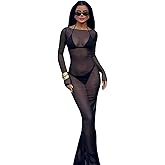 Sexy See-Through Mesh Transparent Off Shoulder Dresses for Women Bodycon Sheer Club Cover Up Maxi Long Sleeve Bodysuit