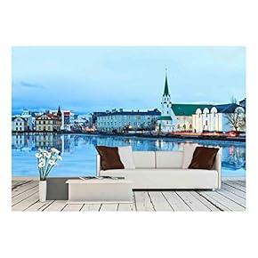 Beautiful Reflection of The Cityscape of Reykjavik and The Free Church in Lake Tjornin at The Blue Hour in Winter - Removable Wall Mural | Self-Adhesive Large Wallpaper - 66x96 inches