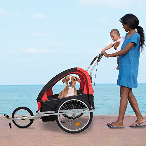Livebest 2 in 1 Pet Dog Bike Trailer 3-Wheels Bicycle Carrier-Safety Belts & Suspension-Breathable Design with Folding Rainproof,Red,63" x 43" x 36"