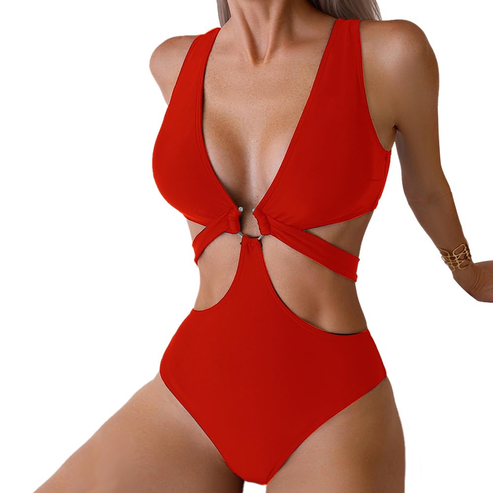 Photo 1 of Favnac Women's Deep V Neck One Piece Swimsuit Sexy Cut Out Bathing Suit O-Ring Swimwear Red Small