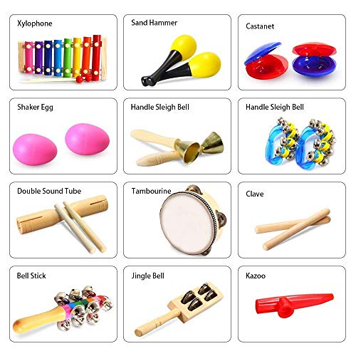 Theefun Toddler Musical Instruments, Wooden Percussion Instruments with Tambourine, Xylophone and Drum 18pcs 12 Types , Kids Educational s & Learning Musical Toys for Boys and Girls